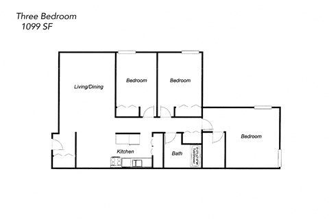 Floor plan for 3 beds, 1 bath, 1099 sqft